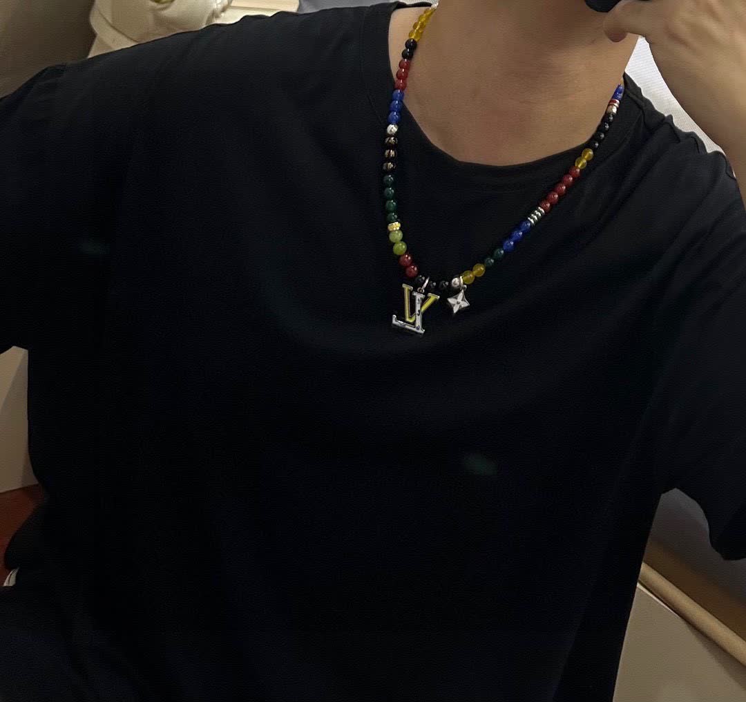 Louis Vuitton Beaded Necklace with Logo Pendant